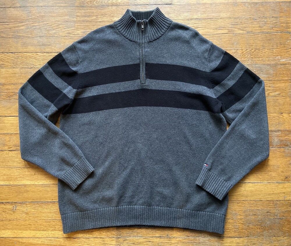 TOMMY HILFIGER Gray/Blue 1/4 Zip Cotton Pullover Sweater sz XL
